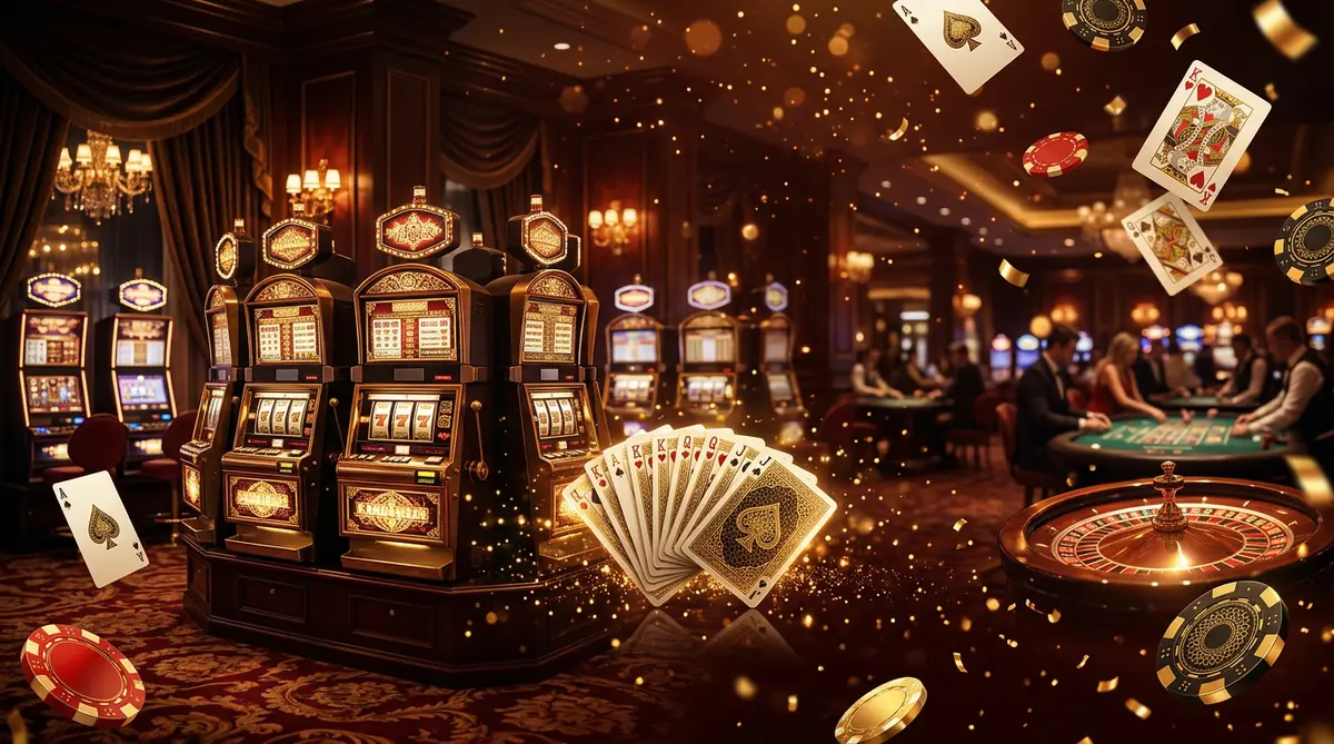 Suasana kasino online dengan mesin slot dan kartu remi