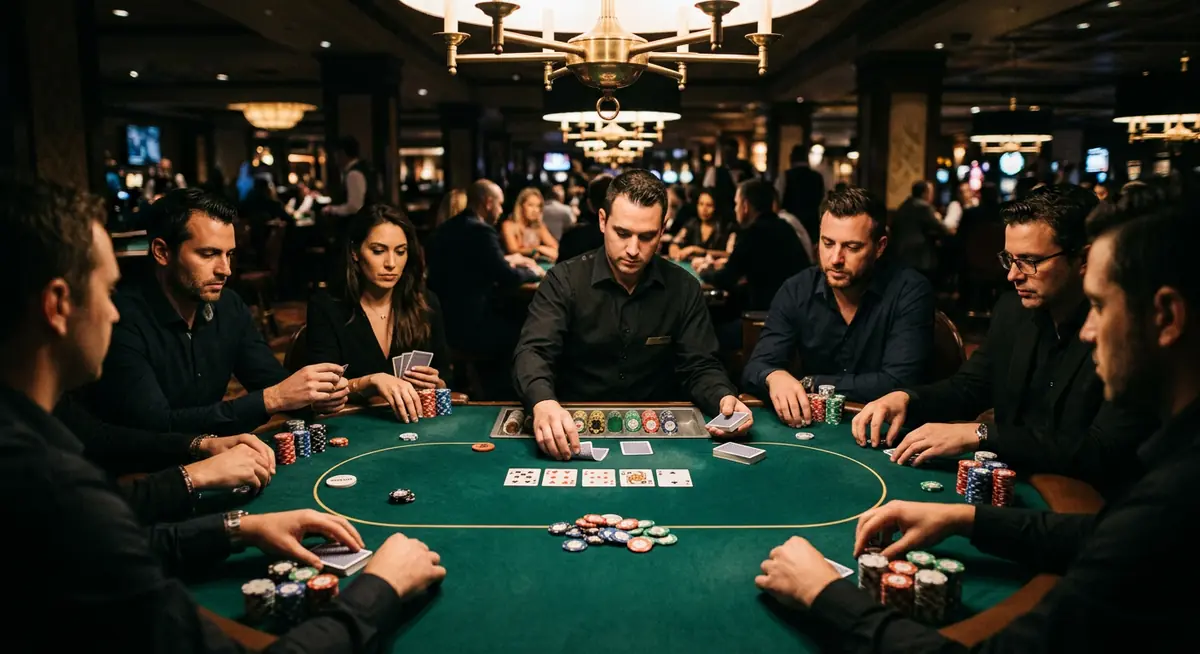 Meja poker dengan kartu dan chip kasino
