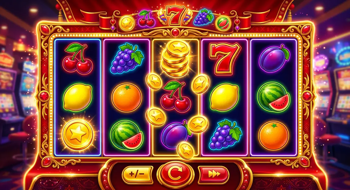 Mesin slot online dengan simbol buah dan koin emas